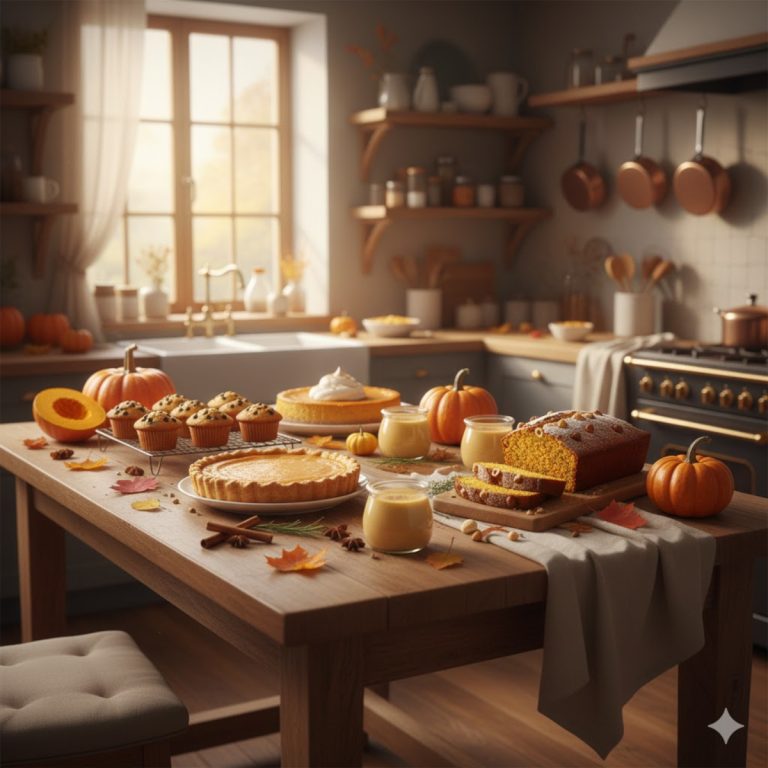 Table automnale garnie de desserts à la courge faits maison