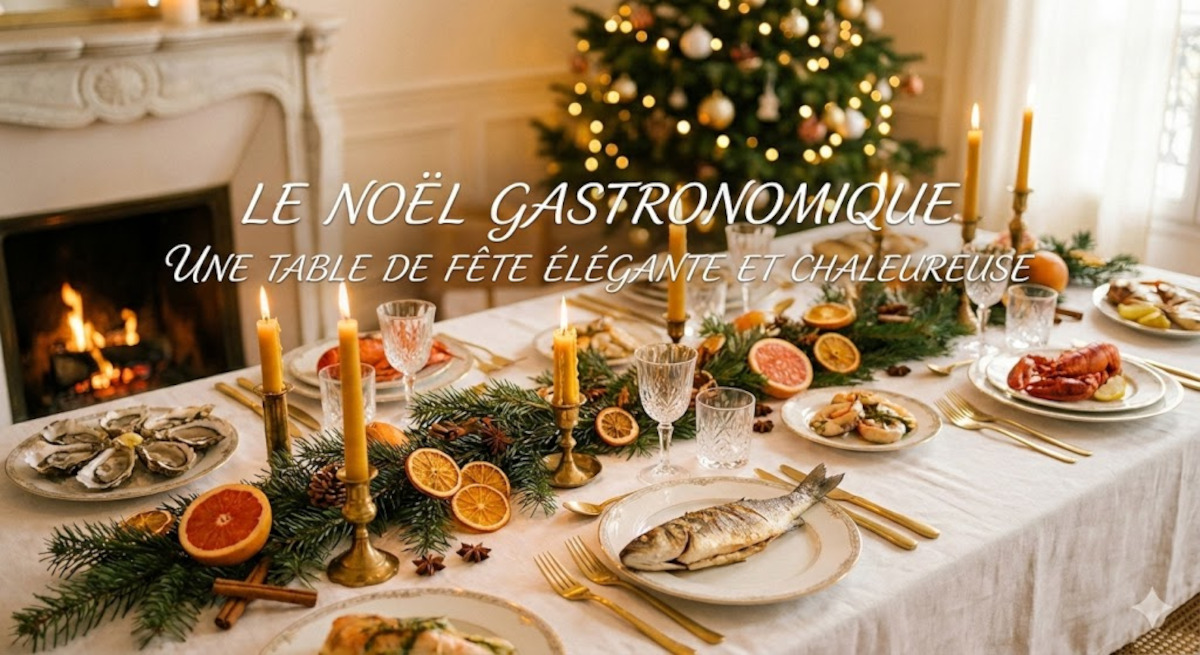 Table de Noël élégante avec menu au poisson et ambiance festive chaleureuse