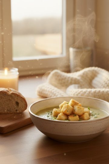 Table d’hiver avec bol de soupe fumante, pain rustique, plaid en laine et lumière douce d’après-midi