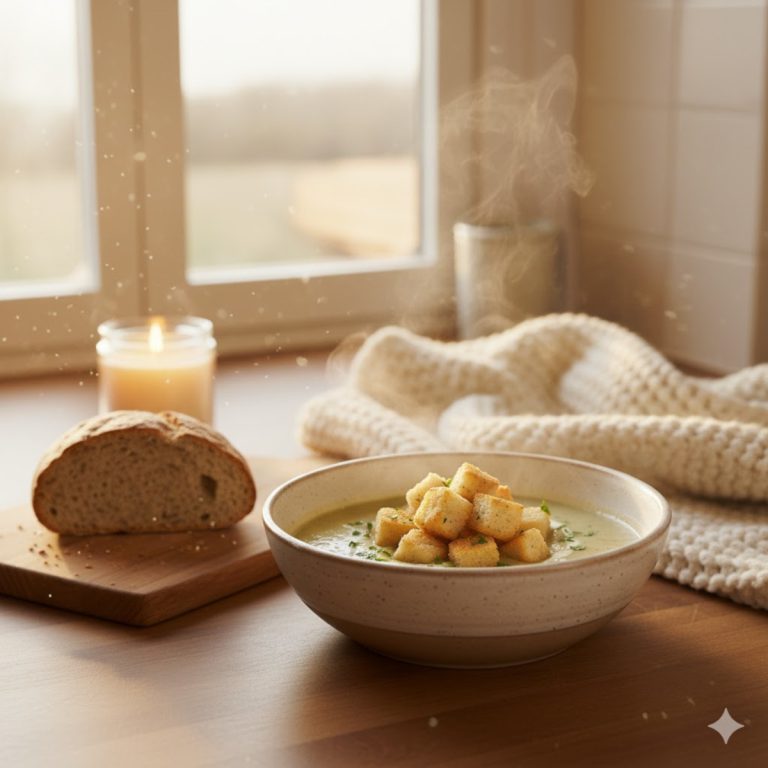 Table d’hiver avec bol de soupe fumante, pain rustique, plaid en laine et lumière douce d’après-midi