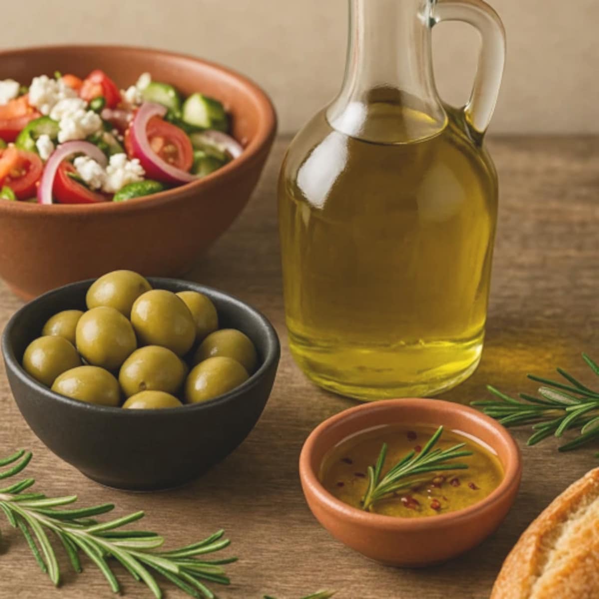 Table méditerranéenne garnie de légumes rôtis, poisson grillé et huile d’olive artisanale