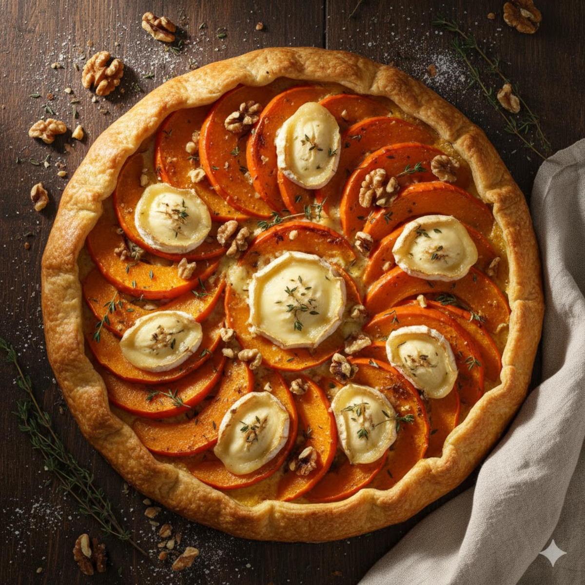 Tarte rustique au potimarron, fromage de chèvre fondant et cerneaux de noix grillésjpg