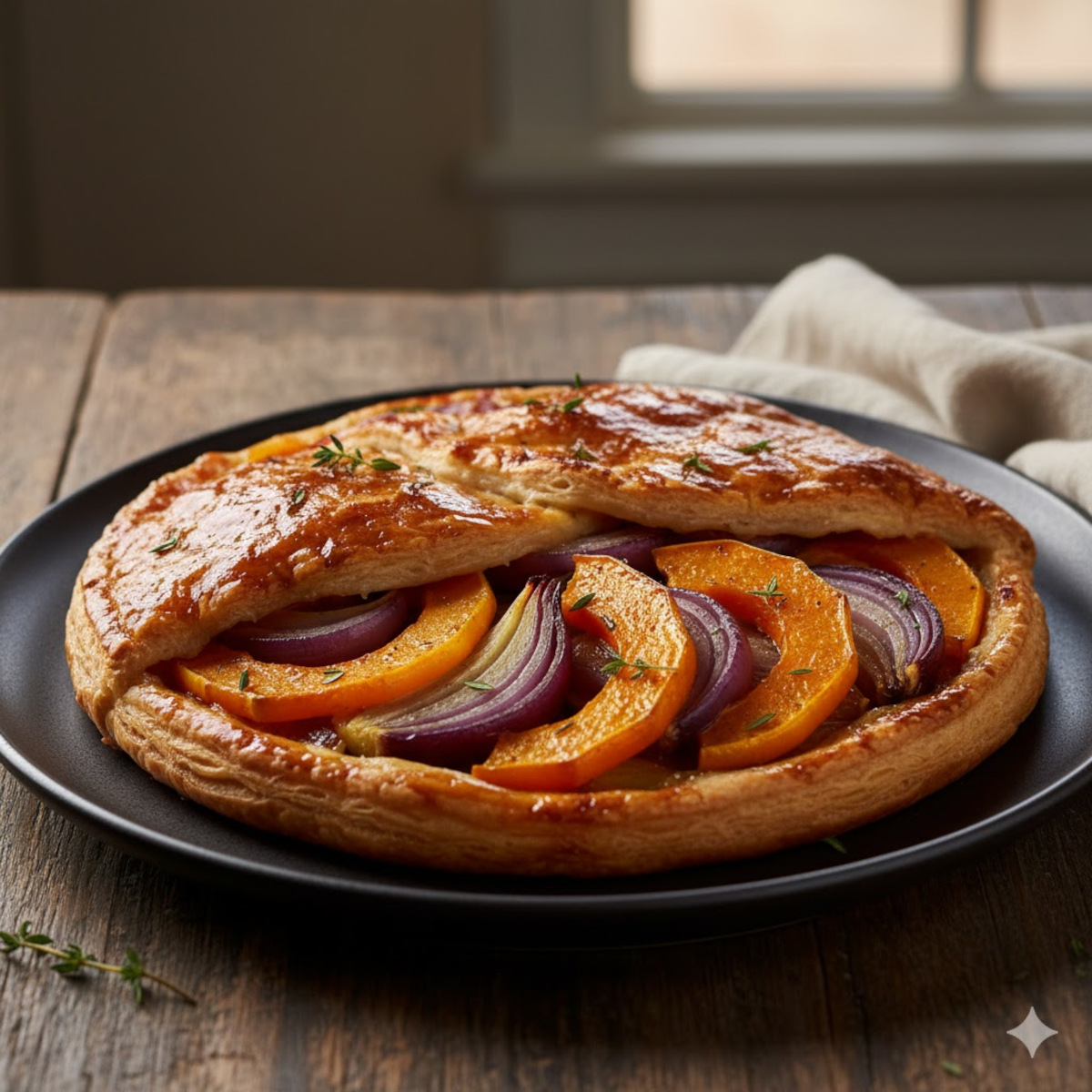 Tarte tatin salée à la courge et oignons caramélisés, fondant et croustillantjpg