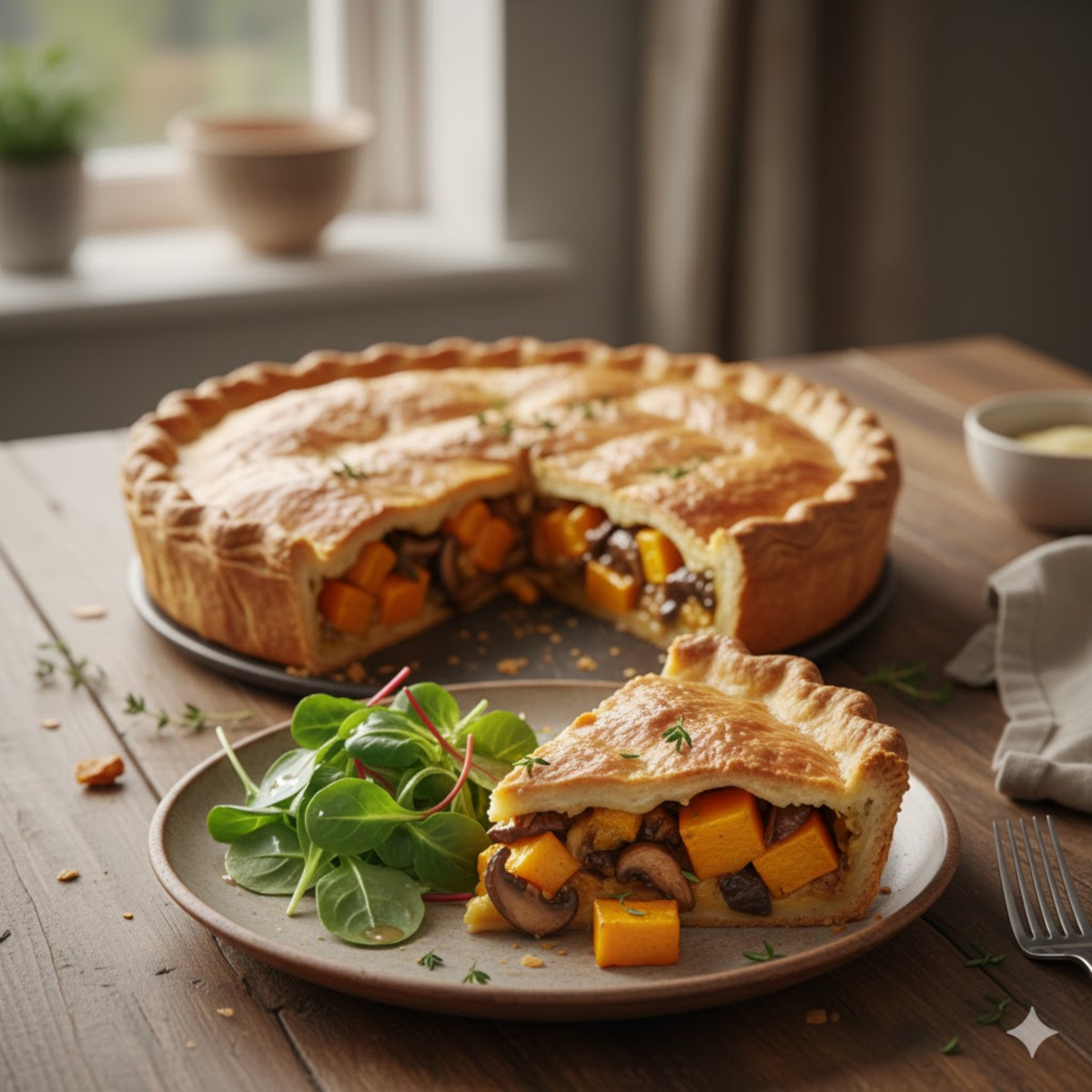 Tourte dorée au butternut et champignons forestiers, garniture généreuse et gourmande