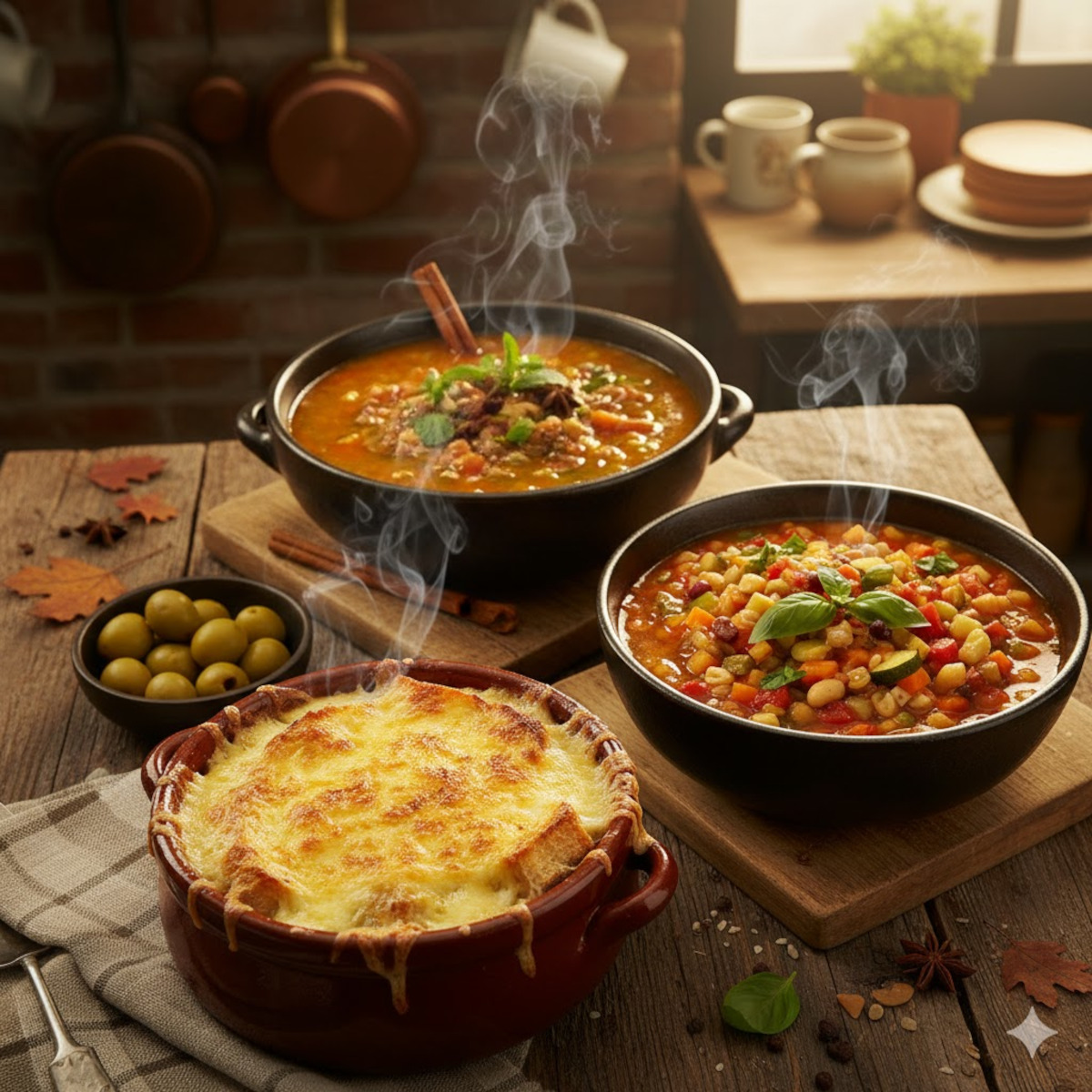 Trois soupes réconfortantes d’automne : soupe à l’oignon, minestrone italien, chorba épicée