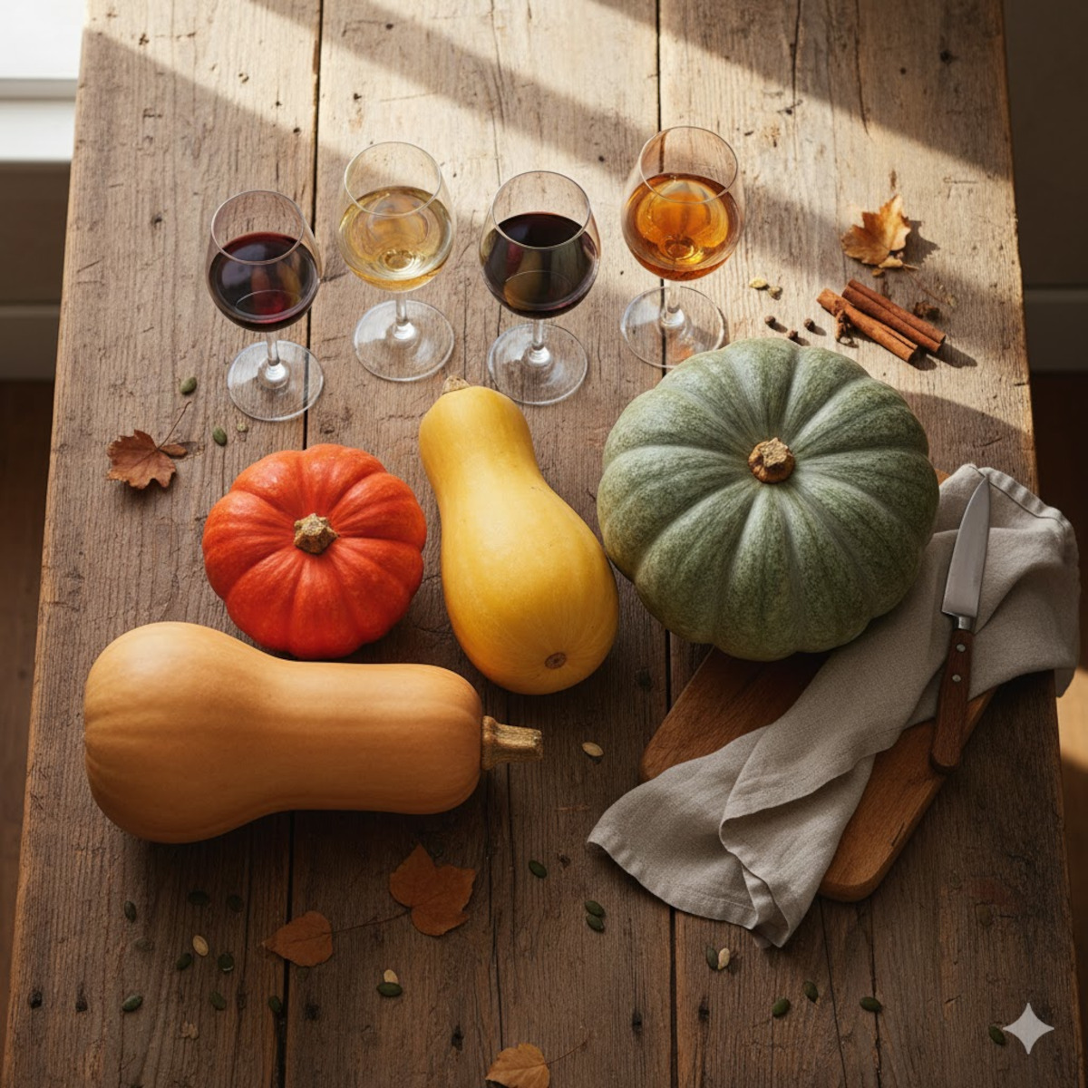 Variétés de courges avec verres de vins adaptés