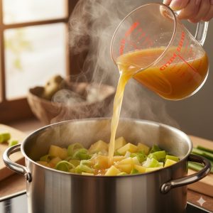 Versement du bouillon chaud sur les légumes coupés dans une casserole, vapeur et lumière doucejpg