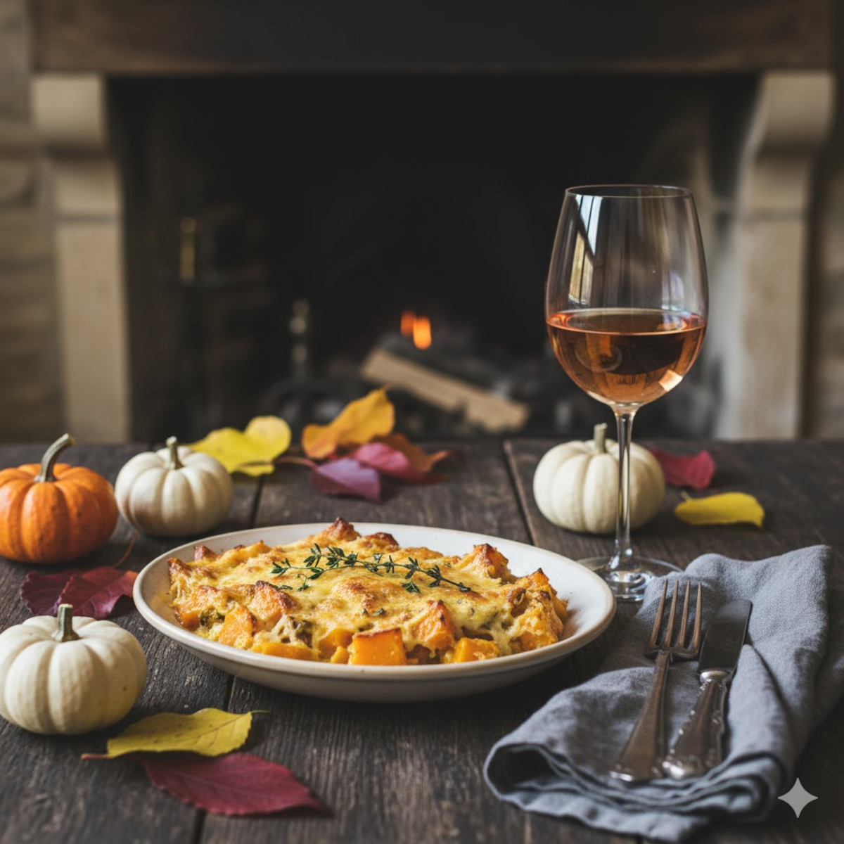 Vin blanc sec servi avec un gratin de courge doré