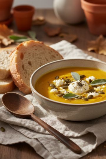 bol de soupe citrouille pomme de terre au fromage de chèvre servi chaud, décoré d'herbes et de fromage émiettéjpg