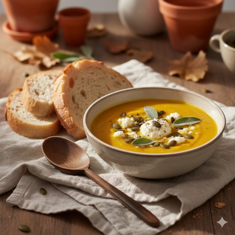 bol de soupe citrouille pomme de terre au fromage de chèvre servi chaud, décoré d’herbes et de fromage émiettéjpg