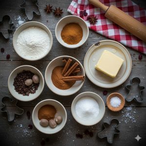 ingrédients secs pour pâte à biscuits de Noël et beurre ramolli sur plan de travail
