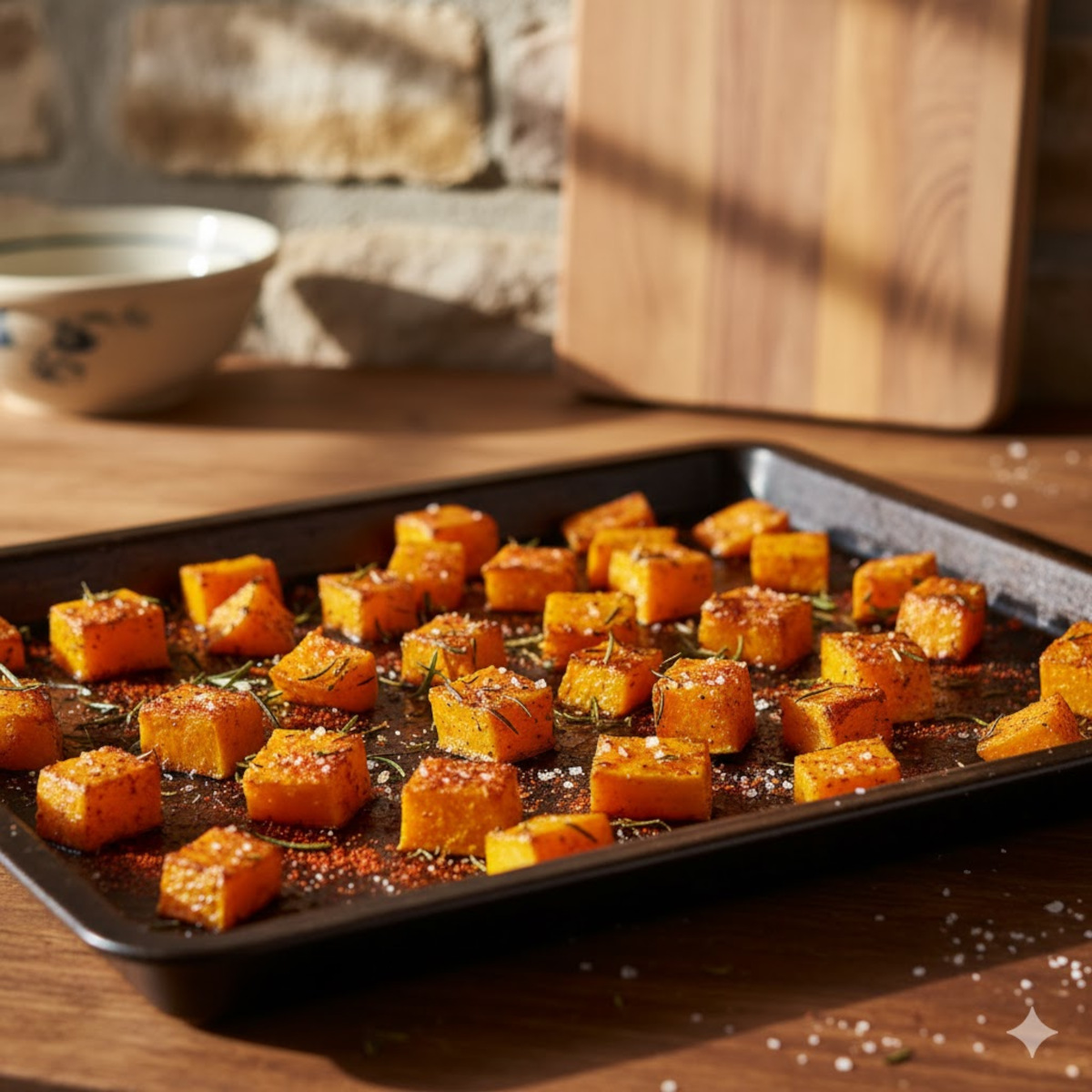 purée onctueuse de courge butternut dans un bol, vanille en arrière-plan