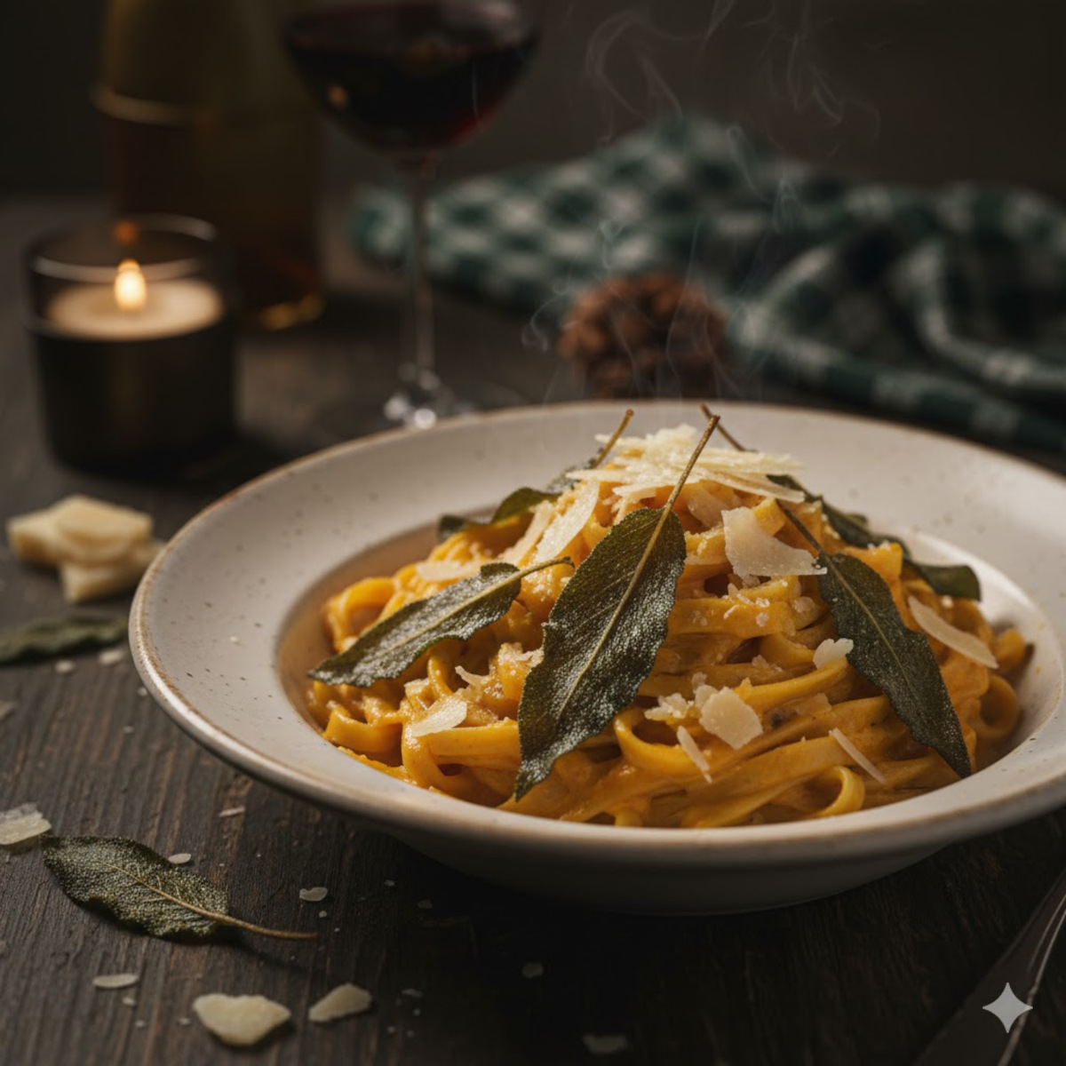 risotto au butternut servi dans une assiette creuse, grains fondants, touche de parmesan