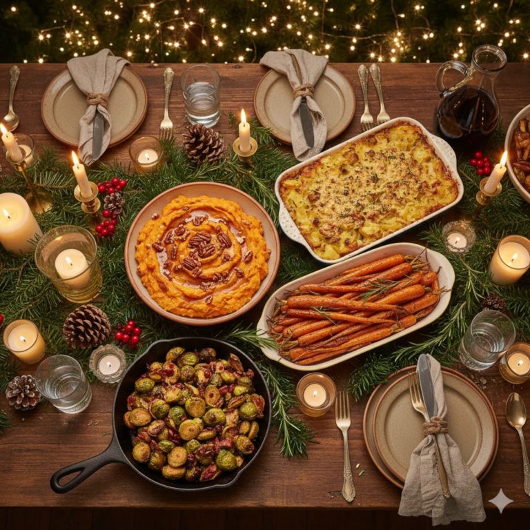 Accompagnements légumes Noël : purées, gratins et légumes rôtis festifs sur une table de fête hivernale
