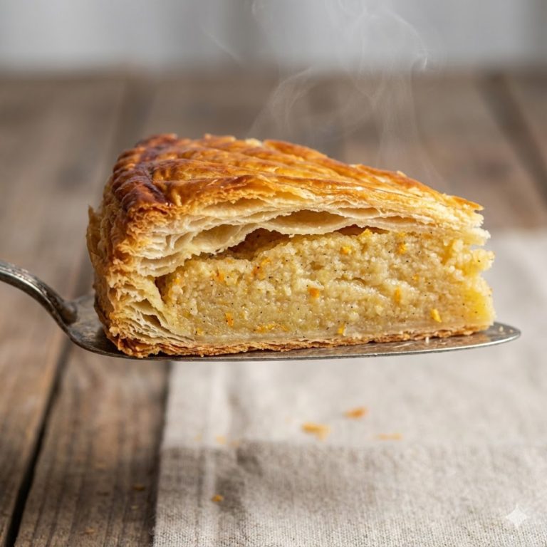 Gros plan sur une part de galette sans gluten montrant le feuilletage croustillant et une frangipane onctueuse