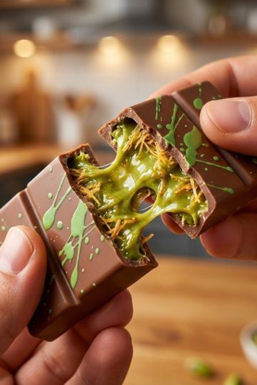 Tablette de Chocolat Dubaï virale cassée en deux à la main, révélant un cœur coulant vert pistache et des brins de knafeh dorés et croustillants