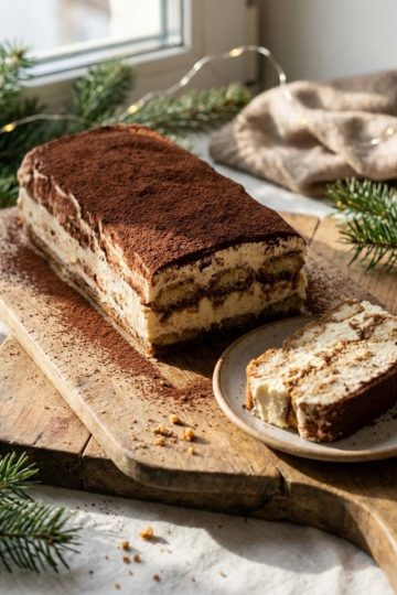 Tranche de bûche tiramisu avec couches biscuits et crème mascarpone