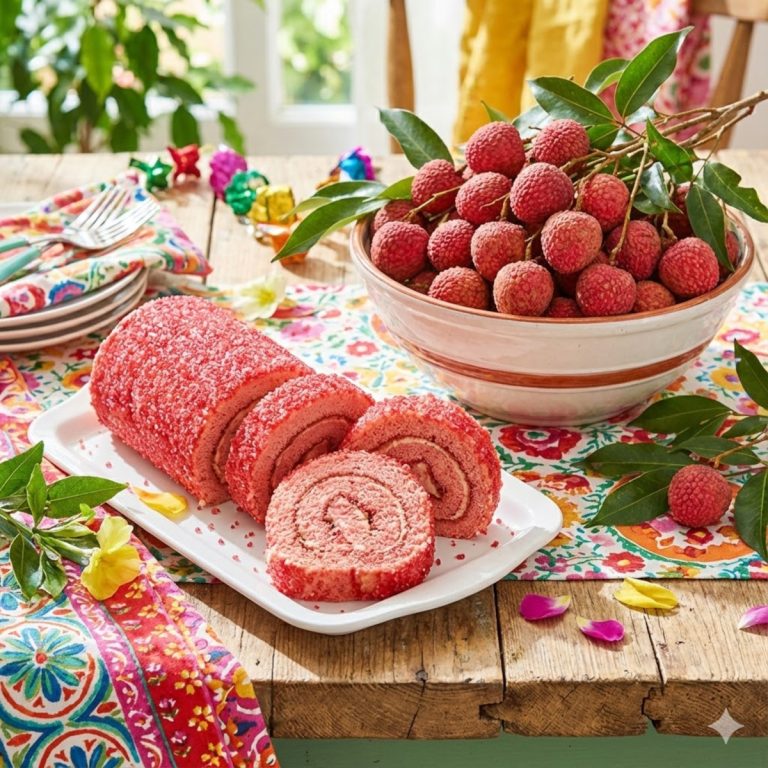 Tranches de gâteau roulé chemin de fer rose servies avec des letchis frais de Noël