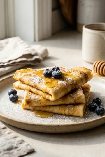 Assiette de crêpes moelleuses au fromage blanc empilées, garnies de myrtilles fraîches et d'un filet de miel