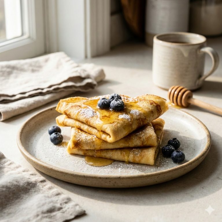 Assiette de crêpes moelleuses au fromage blanc empilées, garnies de myrtilles fraîches et d'un filet de miel