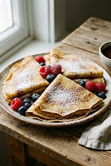 Assiette de présentation de crêpes vegan sans œufs, pliées en triangle, saupoudrées de sucre glace et accompagnées de fruits rouges frais
