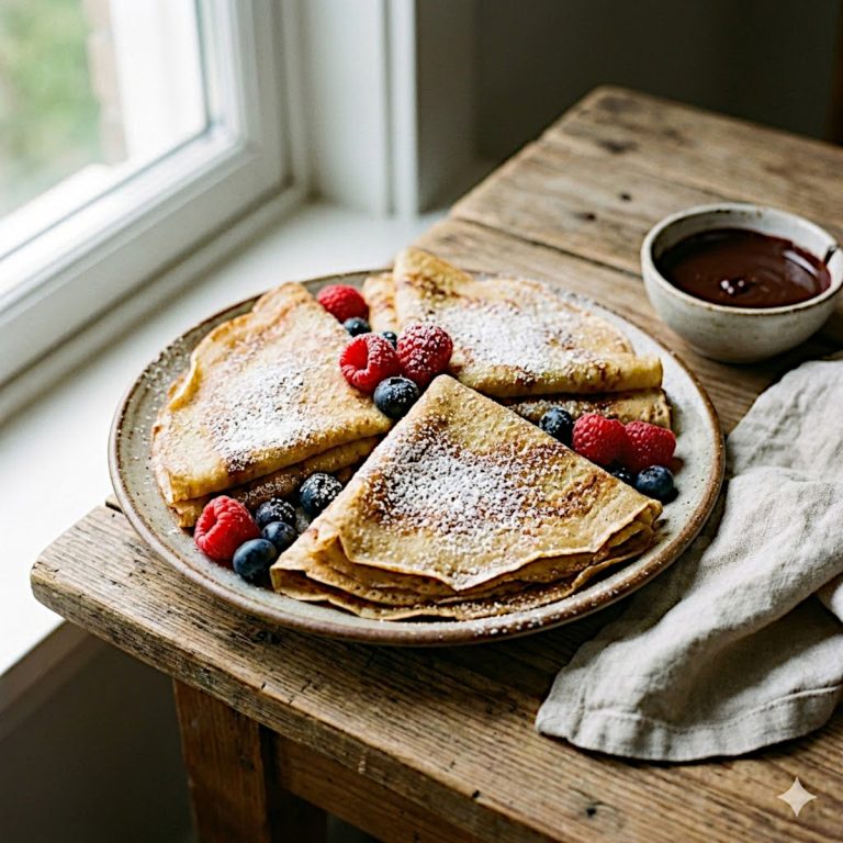 Assiette de présentation de crêpes vegan sans œufs, pliées en triangle, saupoudrées de sucre glace et accompagnées de fruits rouges frais
