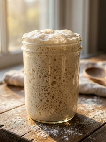 Bocal de levain naturel actif et mousseux rétro-éclairé sur une table en boisjpg