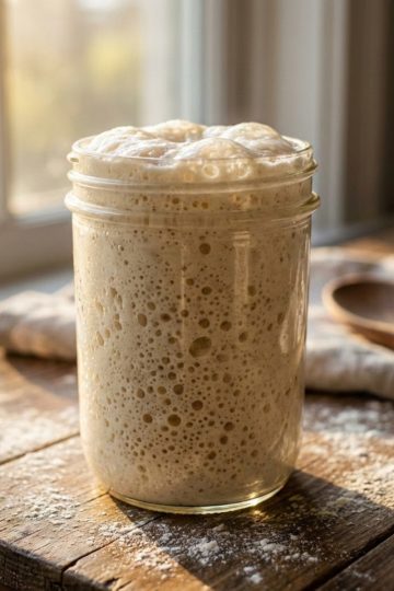 Bocal de levain naturel actif et mousseux rétro-éclairé sur une table en boisjpg