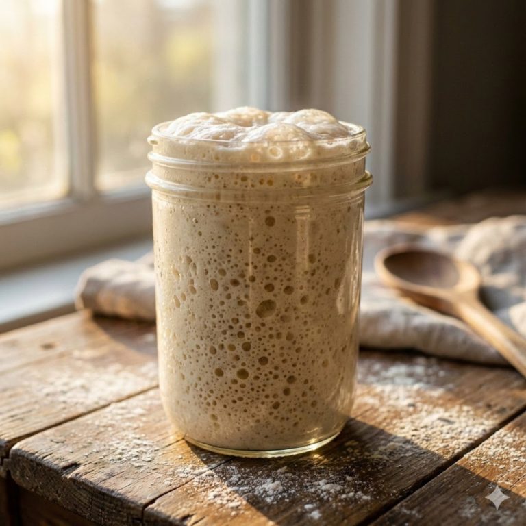 Bocal de levain naturel actif et mousseux rétro-éclairé sur une table en boisjpg