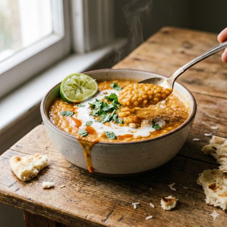Bol de dahl de lentilles corail crémeux servi chaud, garni de coriandre fraîche, citron vert et un filet de lait de coco sur une table en bois rustique