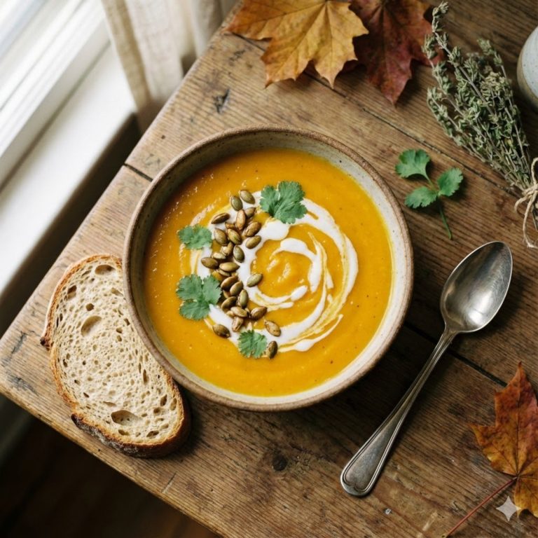 Bol de velouté de butternut au lait de coco onctueux décoré de graines de courge et coriandre