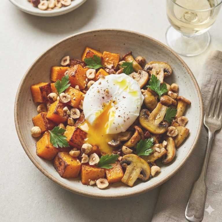 Bol d'hiver terminé avec courge rôtie, champignons sautés, noisettes, persil et un œuf poché dont le jaune coulant se déverse sur les légumes