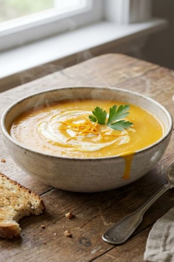 Bol fumant de velouté de courge butternut à l'orange, décoré d'un trait de crème, de zestes et de persil, servi avec du pain grillé
