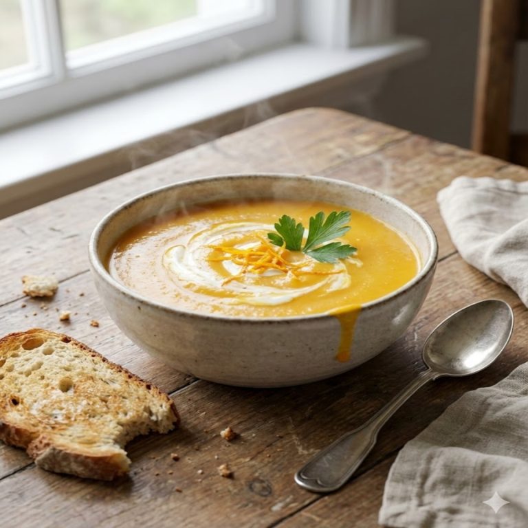 Bol fumant de velouté de courge butternut à l'orange, décoré d'un trait de crème, de zestes et de persil, servi avec du pain grillé