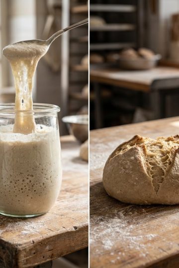 Comparatif visuel : bocal de levain liquide mousseux à côté d'une boule de levain dur incisée en croix