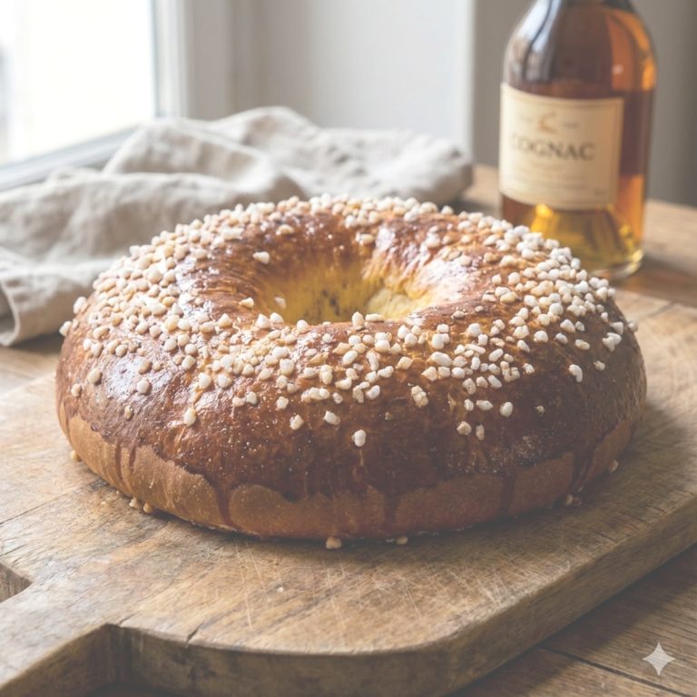 Couronne Bordelaise dorée : brioche des rois traditionnelle du Sud-Ouest garnie de gros sucre perlé, posée sur une planche en bois rustique