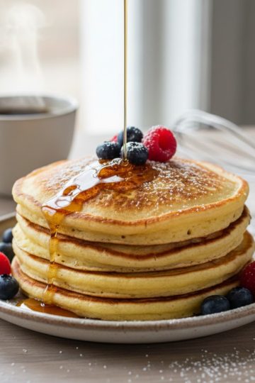 Pile de crêpes moelleuses à la levure de boulanger nappées de sirop d'érable avec des fruits rouges frais