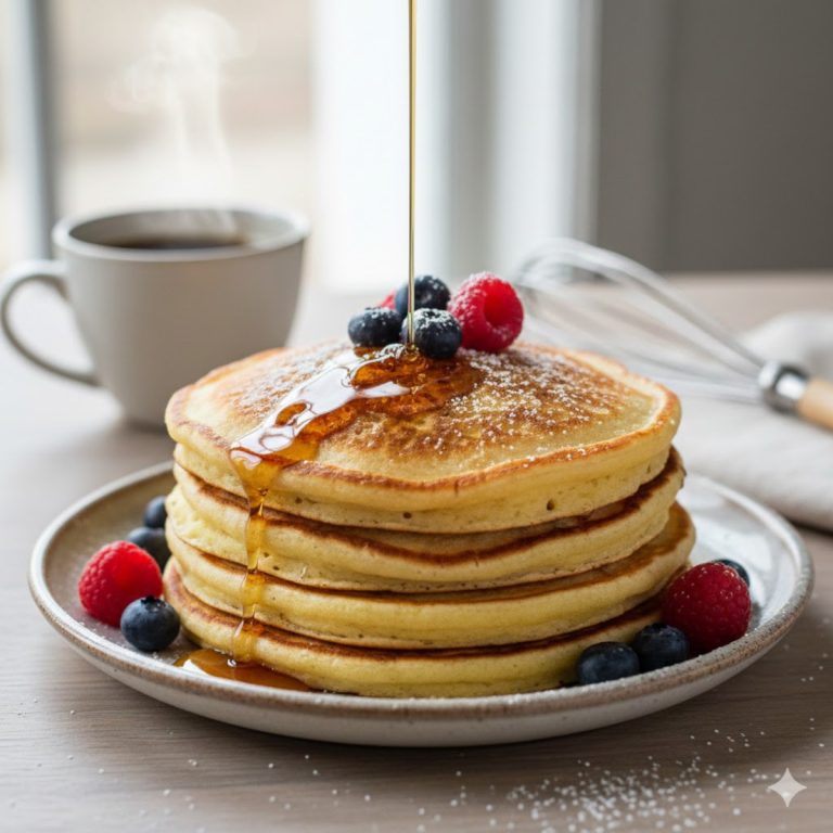 Pile de crêpes moelleuses à la levure de boulanger nappées de sirop d'érable avec des fruits rouges frais