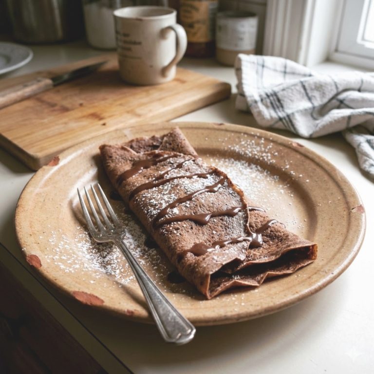 Une crêpe au chocolat maison pliée de manière décontractée sur une assiette rustique avec une fourchette
