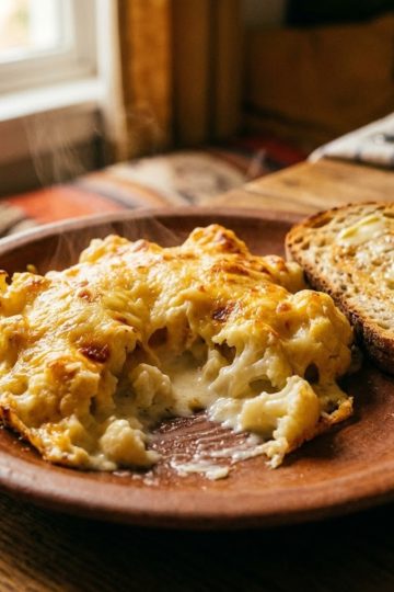 Une part généreuse de gratin de chou-fleur fondant servie dans une assiette en terre cuite, accompagnée d'une tranche de pain de campagne grillé