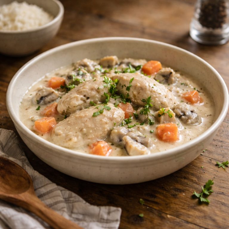 Blanquette de poulet maison servie en bol avec sauce blanche crémeuse, carottes et champignons, ambiance cuisine familiale