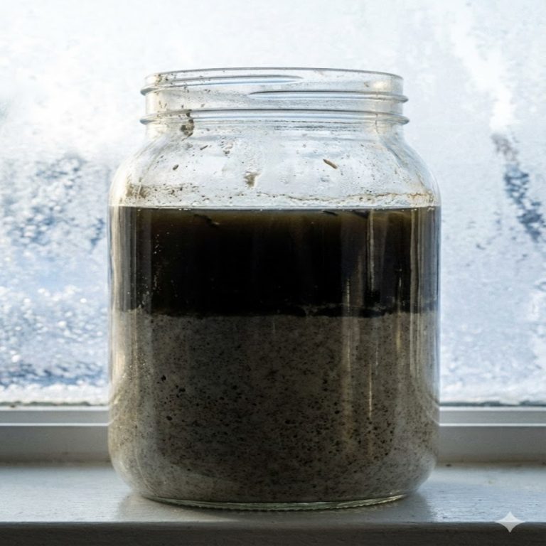 Coupe transversale d'un bocal de levain négligé montrant une épaisse couche de liquide noirâtre (hooch) séparée de la masse de farine grise au fond