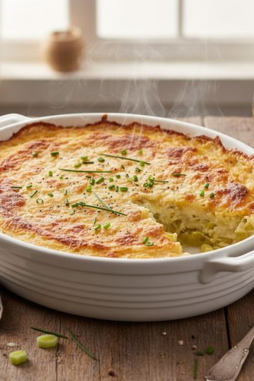 Gratin de poireaux au fromage doré et fondant servi dans un plat en céramique blanc sur une table en bois