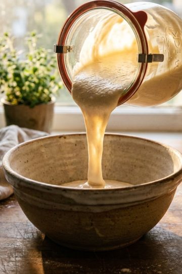 Levain écarté (discard) crémeux versé d'un bocal en verre dans un saladier pour être cuisiné