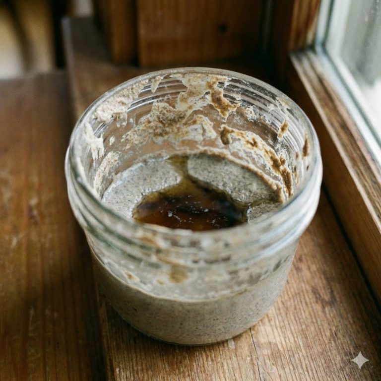 Levain naturel affamé dans un bocal : surface plate et retombée avec présence d'une couche de liquide gris (hooch)