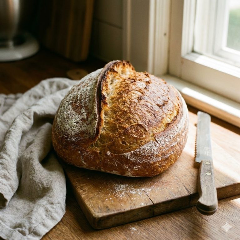 Magnifique miche de pain au levain maison entière, croûte dorée et grigne bien ouverte, posée sur une planche en bois rustique