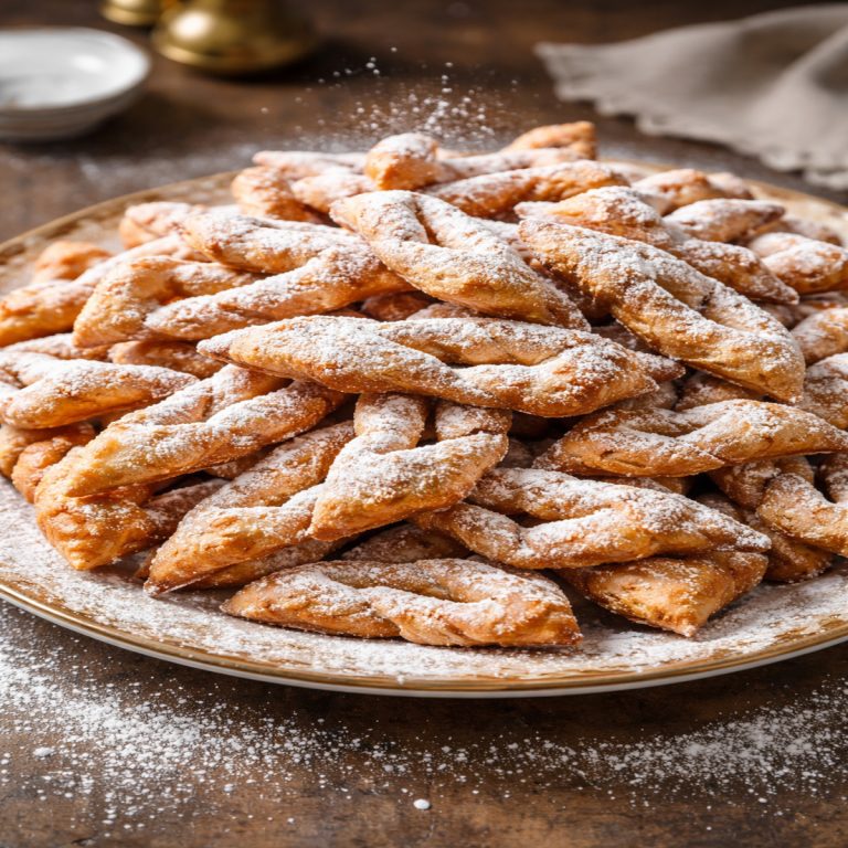 Montagne de bugnes lyonnaises croustillantes saupoudrées de sucre glace sur un plat en céramique