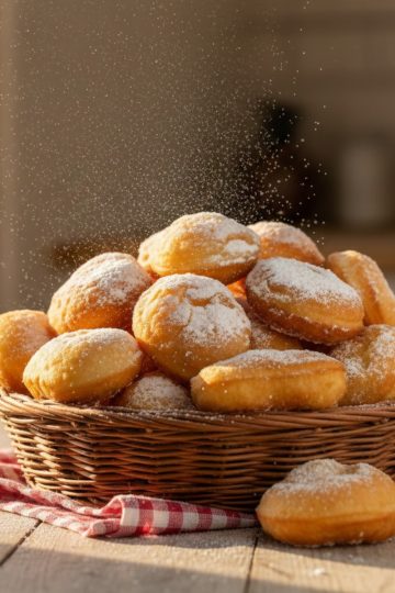 Pyramide de bugnes moelleuses saupoudrées de sucre glace dans un panier en osier traditionnel