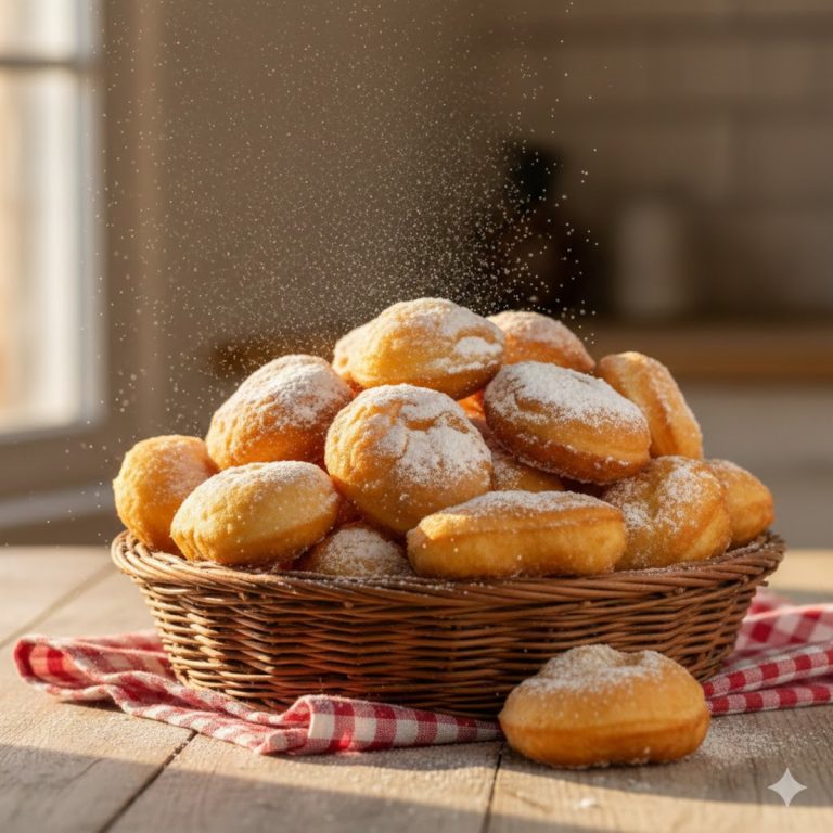 Pyramide de bugnes moelleuses saupoudrées de sucre glace dans un panier en osier traditionnel