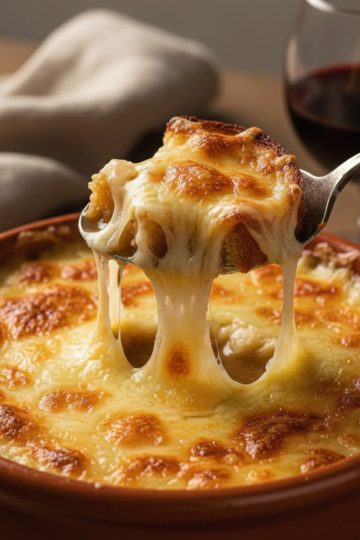 Soupe à l'oignon gratinée au Beaufort dorée au four dans un bol traditionnel